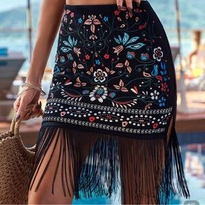 Floral Embroidered Black Skirt with Fringe